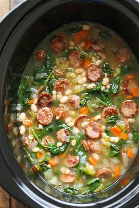 slow cooker sausage spinach and white bean soup easy fall slow