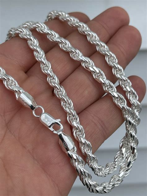 mens rope chain real solid  sterling silver necklace mm
