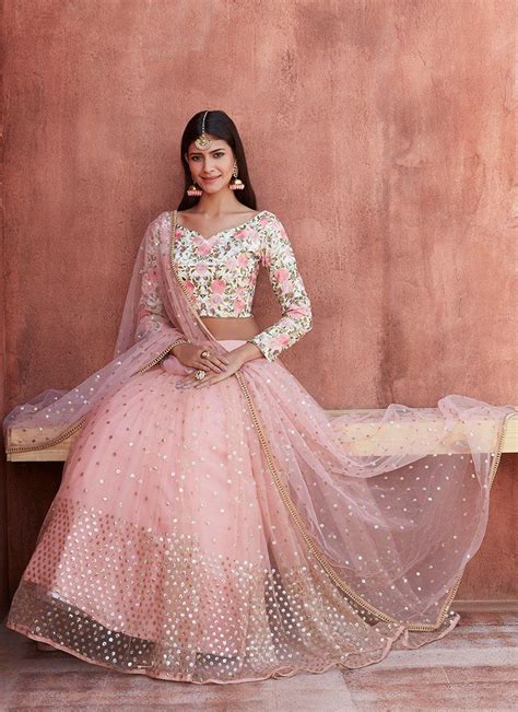 light pink floral embroidered net lehenga indian wedding outfits