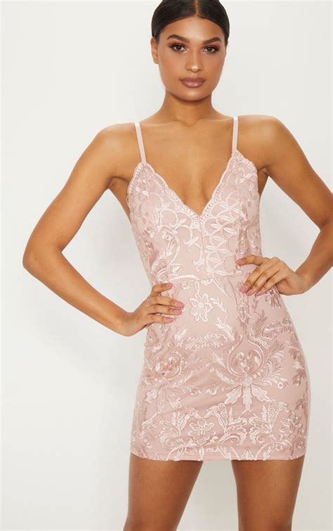 dusty pink embroidered lace detail plunge bodycon dress