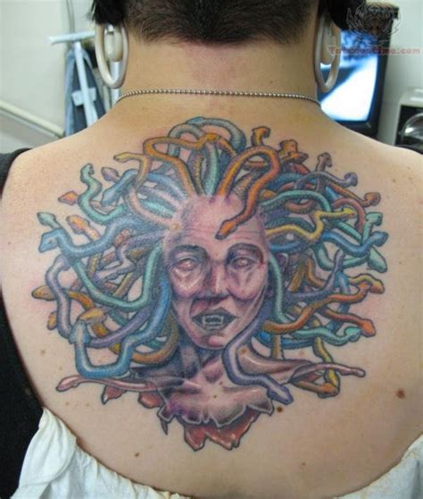 Homemade Style Colored Upper Back Tattoo Of Severed Medusa`s Head