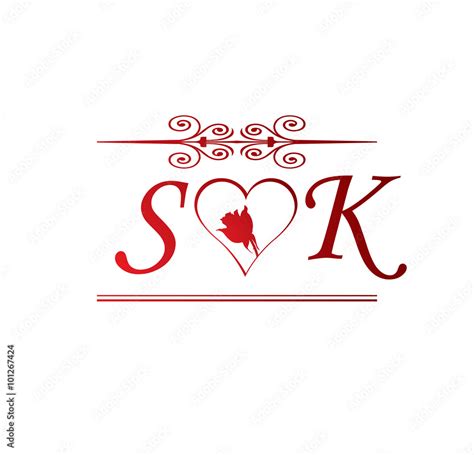 Sk Love Initial With Red Heart And Rose Stock Vector Adobe Stock