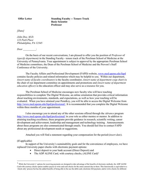 offer letter standing faculty tenure track basic scientist