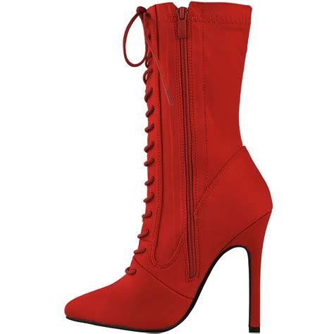 womens ladies red lace up ankle high boots pointed stilettos high heels