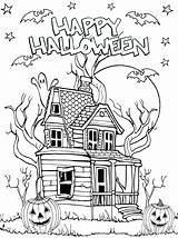 Haunted House Halloween Coloring Color Print Bats Pages Ghost Pumpkin Moon Adult Adults sketch template