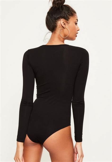 guanita long sleeve v neck bodysuit in black missguided