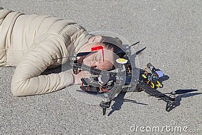 drone quadcopter accident scene  city stock photo image