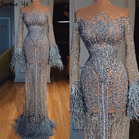 silver long sleeve feathers sequined evening dresses dubai mermaid luxury evening gowns