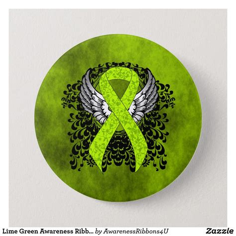 lime green awareness ribbon with wings pinback button