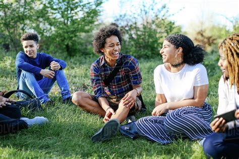 group  friends sitting  grass laughing stock photo dissolve