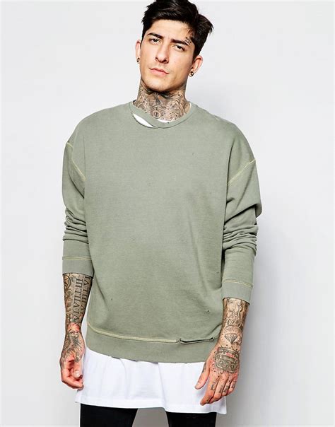 asos asos oversized sweatshirt  rip neck  green  asos