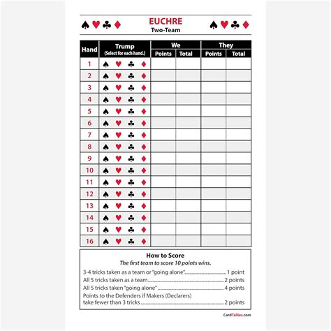 printable euchre score cards   players tutoreorg master