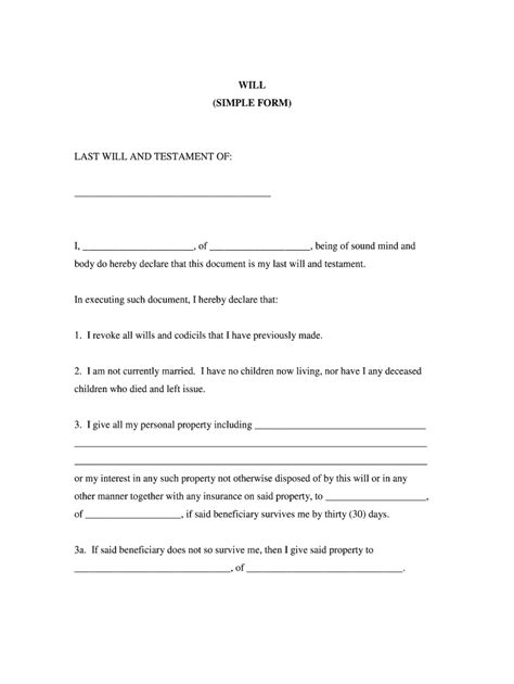simple wills  printable printable form templates  letter