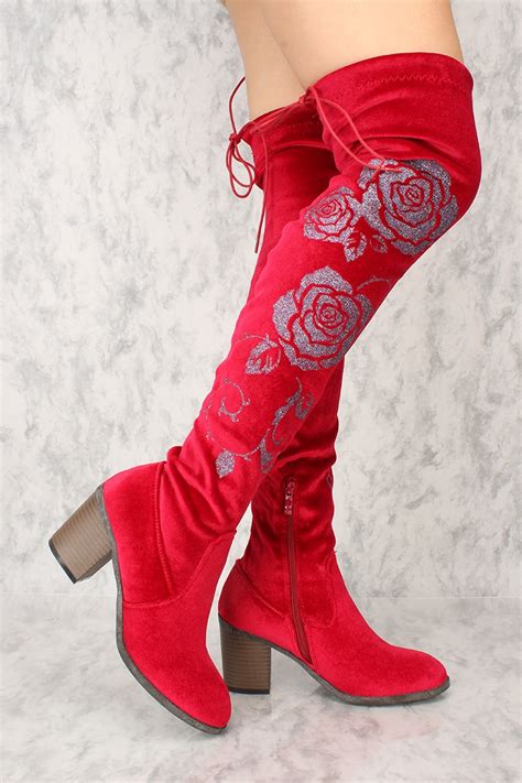 sexy red rose pointy round toe thigh high boots chunky
