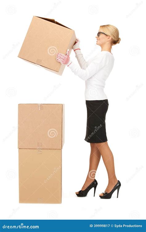 attractive businesswoman with big boxes stock image image of kind