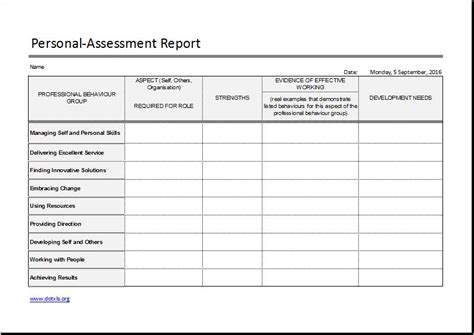 personal assessment report word excel templates