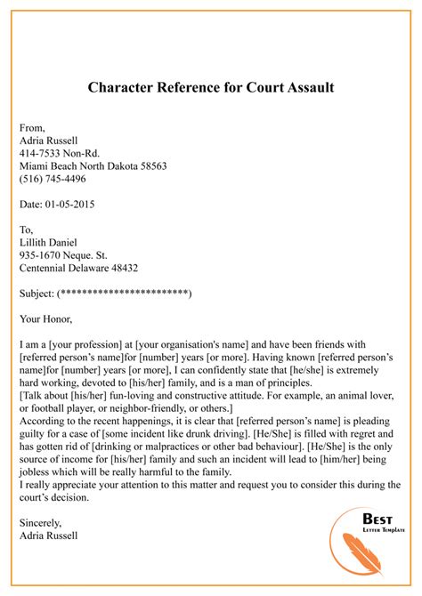 character reference letter for court template sample and example