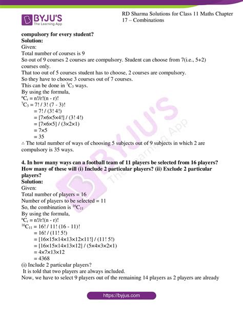 Rd Sharma Solutions For Class 11 Chapter 17 Combinations
