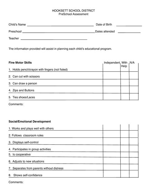 preschool assessment forms fill  printable fillable blank