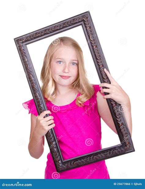 girl holding frame  face stock photo image  empty beauty