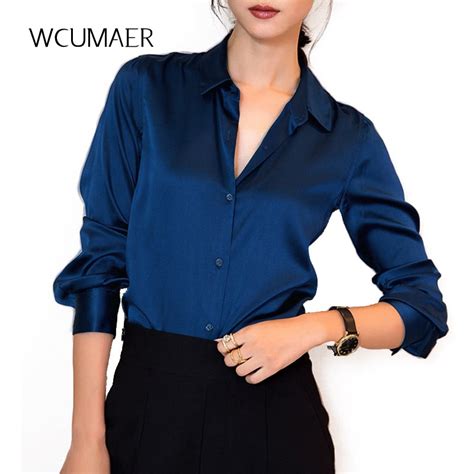buy s xxxl fashion women dark blue satin silk blouse