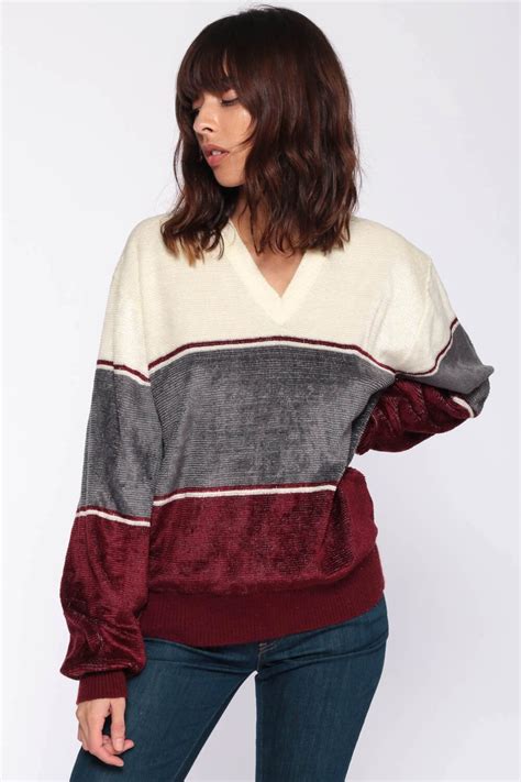 Velour Sweater Striped Sweatshirt V Neck Sweater 70s