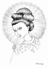 Coloring Geisha Pages Woman Adults Cute Umbrella Portrait Simple Her sketch template