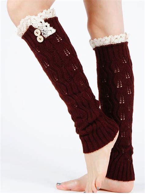 Brown Knitted Leg Warmers With Laced Top And Buttons One Size Knit Leg