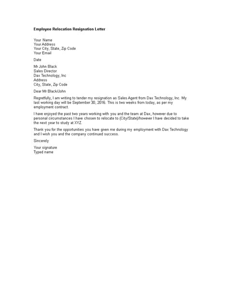 employee relocation resignation letter templates