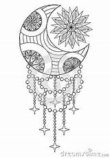 Moon Sun Zentangle Bohemian Coloring Pages Adult Drawn Hand Adu Patterned Ethnic Antistress Therapy Tattoo Tribal Illustration sketch template