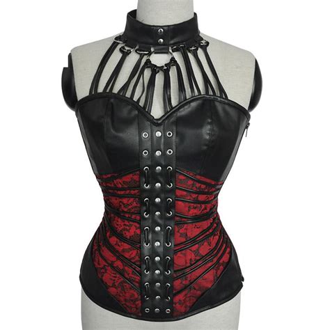 red brocade black leather strappy halter armor steampunk corset gothic