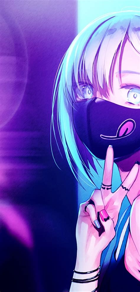 Download 1080x2246 Anime Girl Black Mask Short Hair Neon Lights