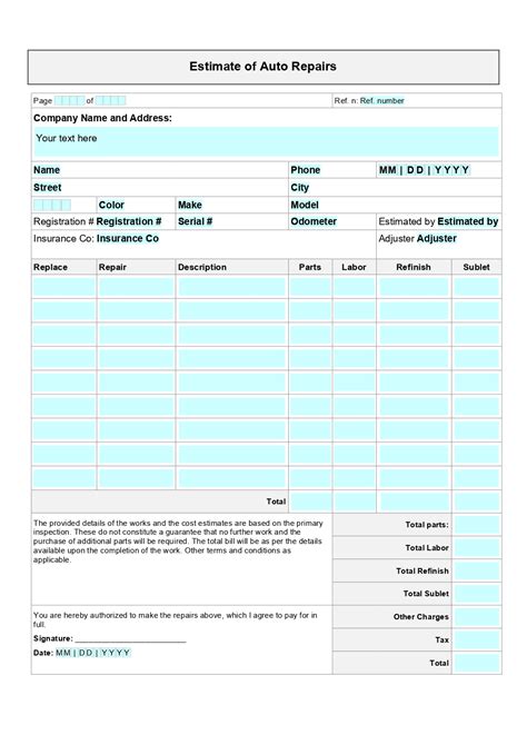 printable auto repair estimate form printable templates  nora