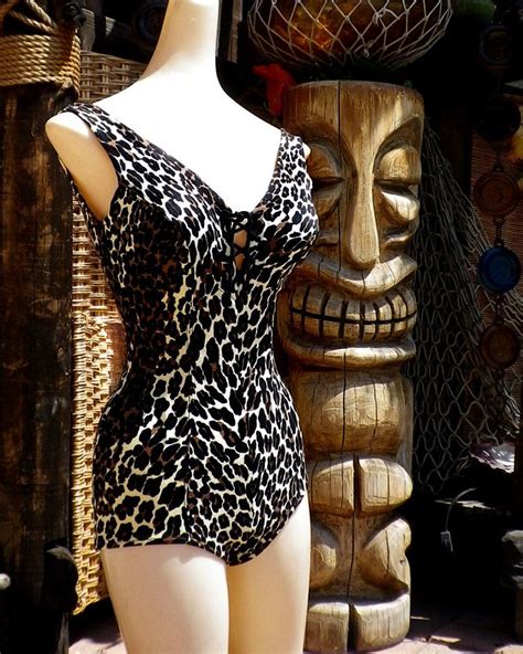 so hot vintage 1950s 50s swimsuit in leopard with lace up