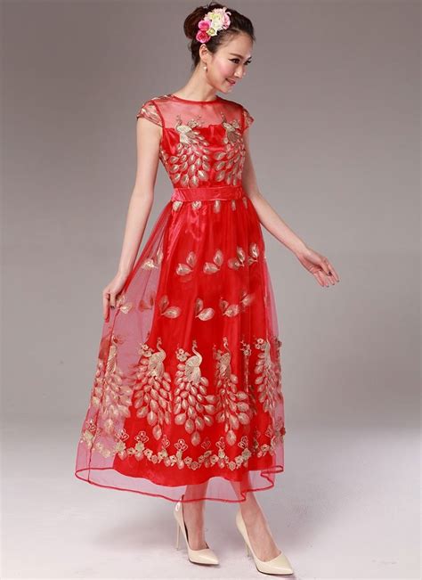 peacock embroidered red organza maxi dress with cap sleeves rm333