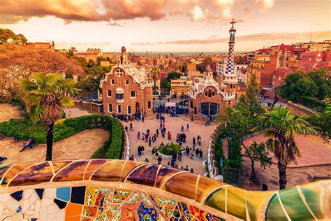barcelona catalonia spain  park guell  antoni gaudi  sunset