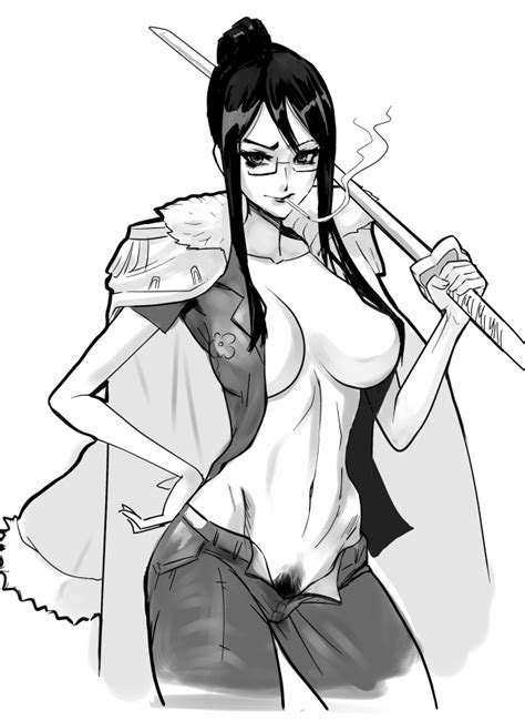 1girl breasts cigarette female glasses greyscale hand on hip jacket on shoulders long hair