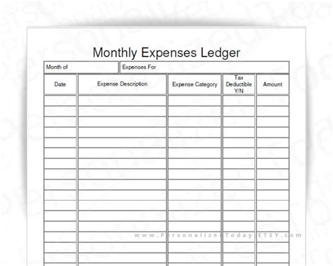 etsy shop monthly expenses ledger fillable print  write