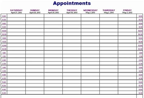 daily appointment schedule template   printable appointment