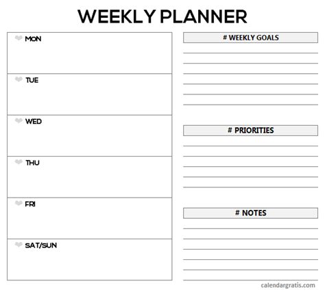 weekly planner template printable  blank week schedule planner