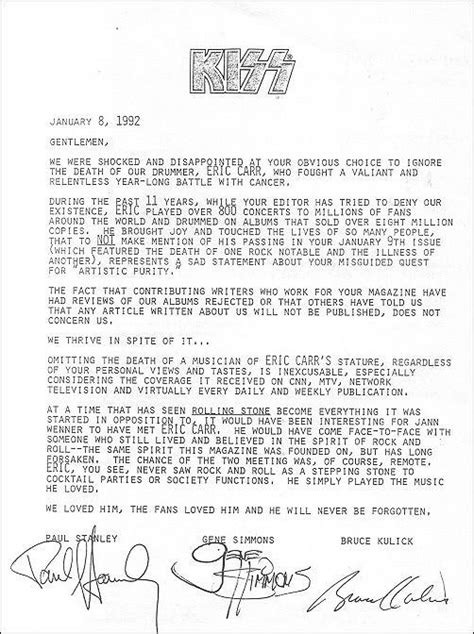 original letter paul stanley wrote to rolling stone when they ignored eric carr s death kiss