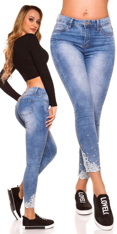 Sexy Hoge Taille Skinny Jeans Met Kant Strass Steentjes Jeansblauw