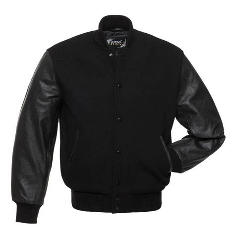 black varsity college university letterman wool jacket real leather sleeves black letterman