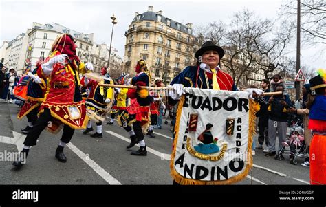 paris france february   ecuador community procession   traditional carnival