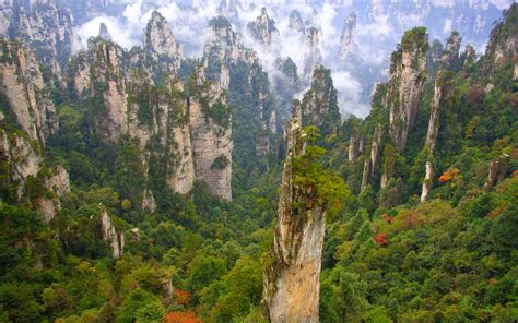 wulingyuan national park china forest mountain clouds limestone cliff trees green