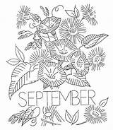September Coloring Pages Month Embroidery Vintage Printable Flower Sheet Redwork Choose Board Patterns sketch template