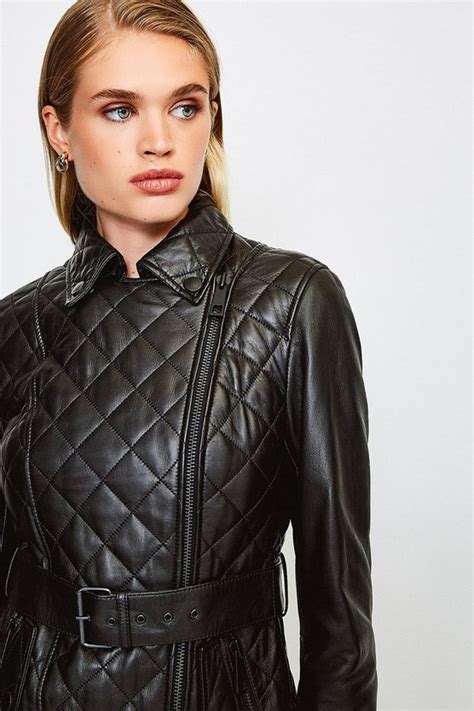 Leather Belted Quilted Jacket Karen Millen