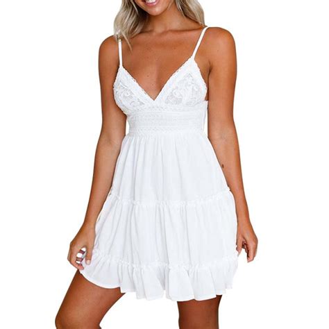 Women Casual Beach Short Dres White Mini Lace Female Summer Dress