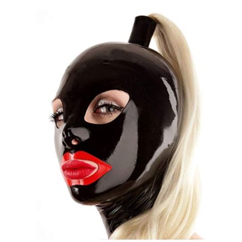 100 Latex Mask Rubber Unisex Hood With Red Mouth Teeth Lip Facing