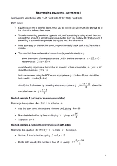 rearranging equations worksheet  version   kevald teaching